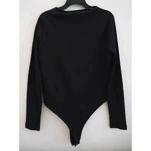 AllSaints WM168U Women's Sz 12 Black Gia Seamed Ribbed Long Sleeve Bodysuit